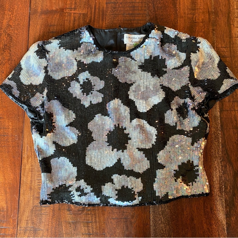 Adrianna Papell Sequin Silk Evening Top Cropped Floral Short Sleeve Size S